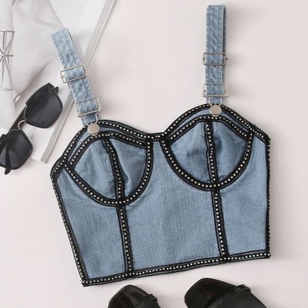 Rhinestone Tape Zip Back Denim Top